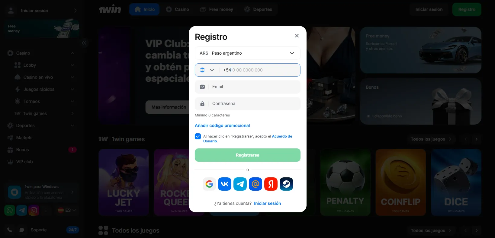 Registro e inicio de sesión en 1Win